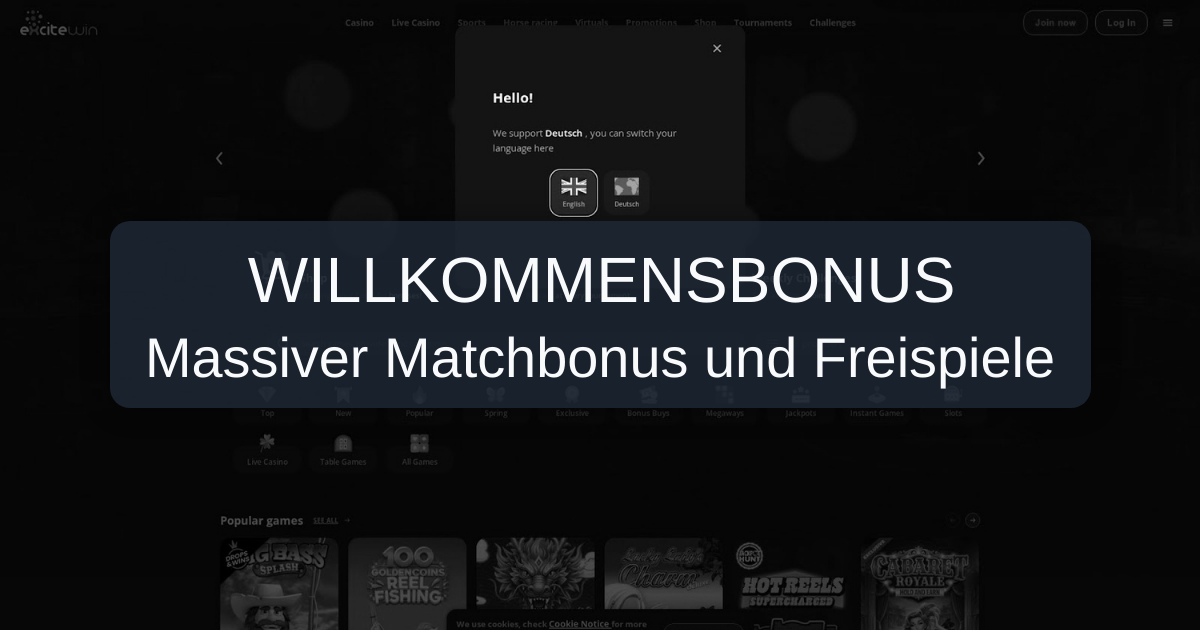 Excitewin Casino Willkommensbonus: Bis 500€ + 200 Freispiele